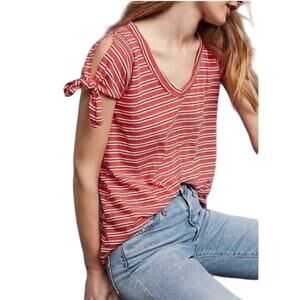 Anthropologie Left of Center Stripe T-Shirt Top w Tie Shoulder Red Size Small